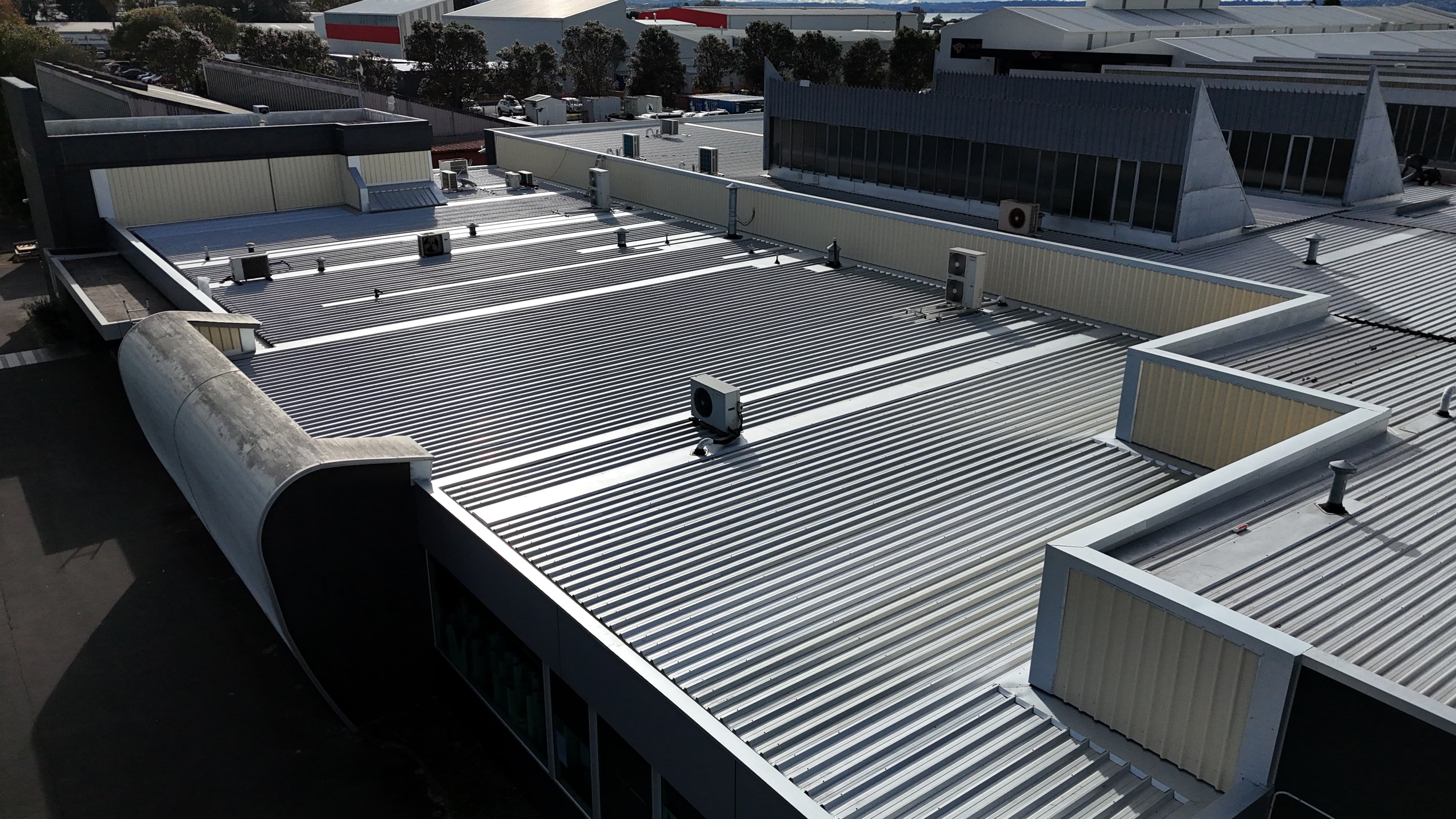 Close-up of commercial roofing installation.